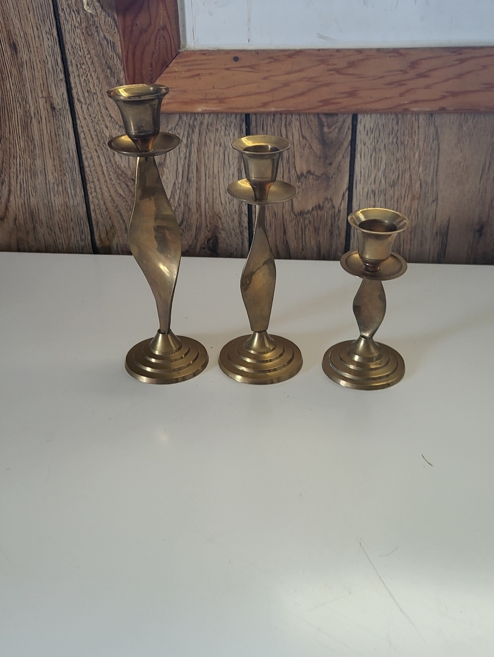 Vintage 3-pc. Brass Candlestick Holders - Twisted Design - 4.75"/6.5"/7.75"